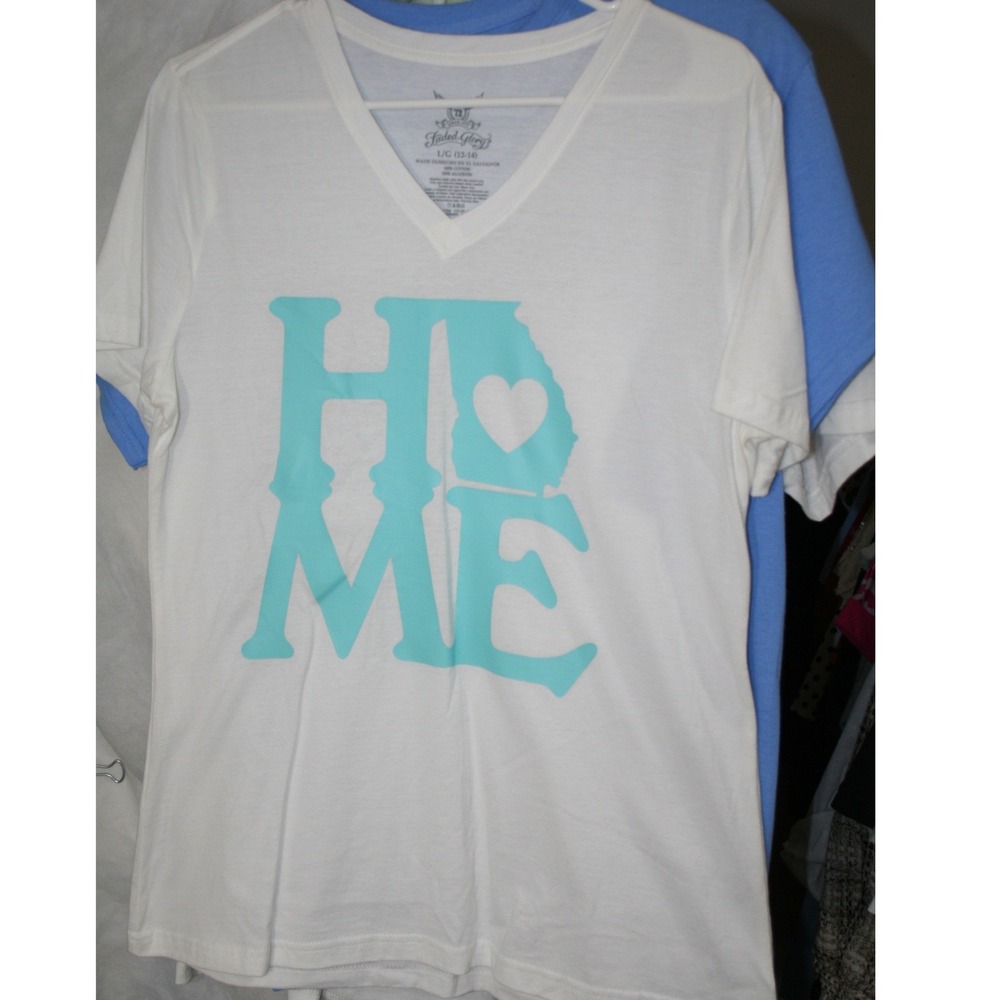 Faded Glory Womens Georgia Home Graphic V-Neck T-Shirt White Blue L 12-14